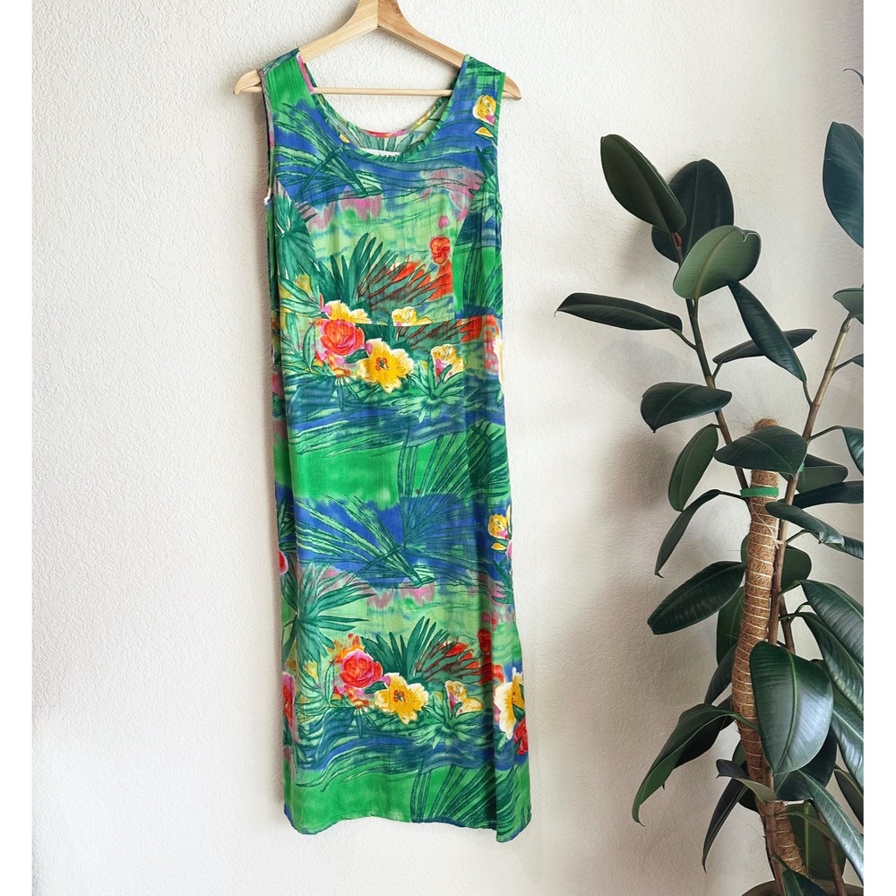 VTG Jams World Midi Dress XS Hawaiian Tropical Resort Floral Multicolor Boho USA